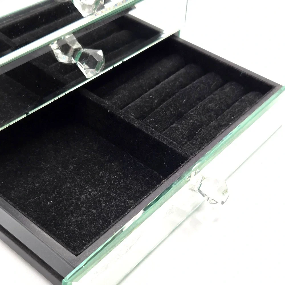 Mirrored Glass Jewelry Box 3 Drawer Black Velvet Lined 9x6x5.5
